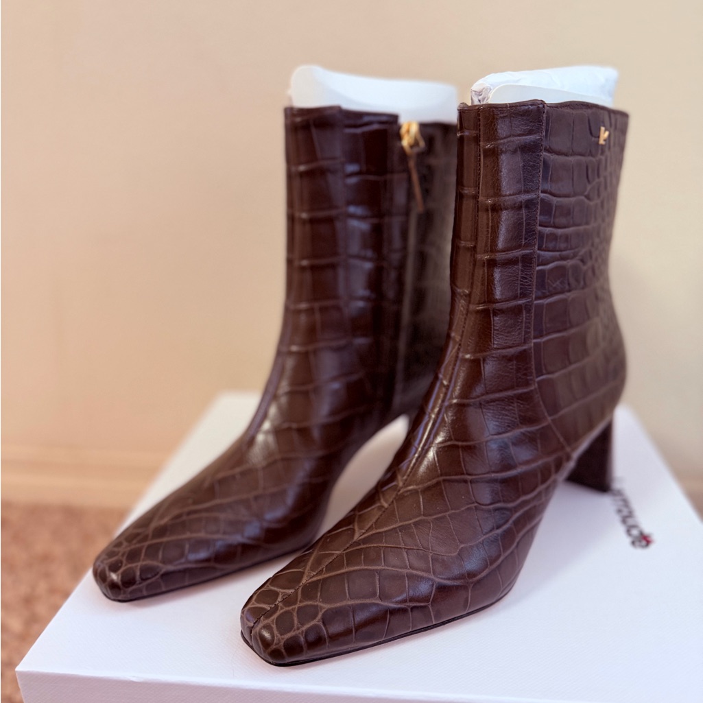 Larroude Alexis Bootie In Dark Croco Embossed Leather Ankle Boots
